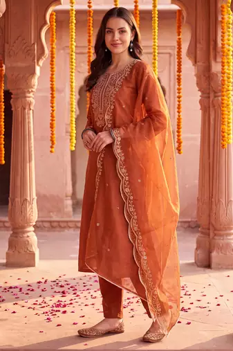 Orange embroidered straight kurta trousers with dupatta set