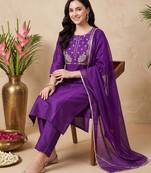 Purple embroidered straight kurta trousers with dupatta set
