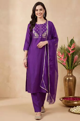 Purple embroidered straight kurta trousers with dupatta set