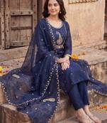 Blue embroidered straight kurta trousers with dupatta set