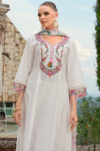 White embroidered a-line kurta trousers with dupatta set