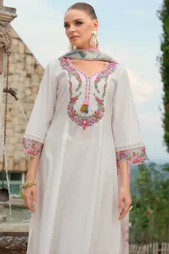 White embroidered a-line kurta trousers with dupatta set