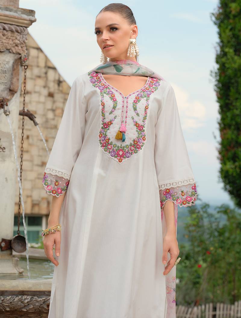 White embroidered a-line kurta trousers with dupatta set