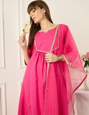 Pink self design a-line kurta trouserswith dupatta set 1