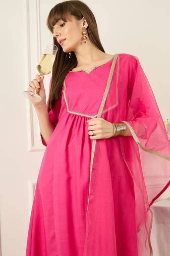Pink self design a-line kurta trouserswith dupatta set