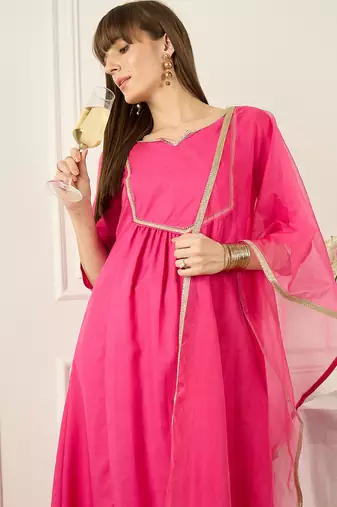 Pink self design a-line kurta trouserswith dupatta set