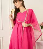Pink self design a-line kurta trouserswith dupatta set