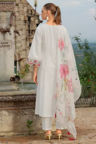 White embroidered a-line kurta trousers with dupatta set
