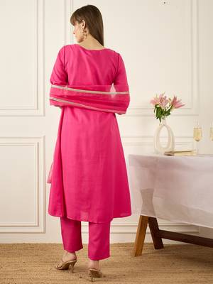 Pink self design a-line kurta trouserswith dupatta set 2