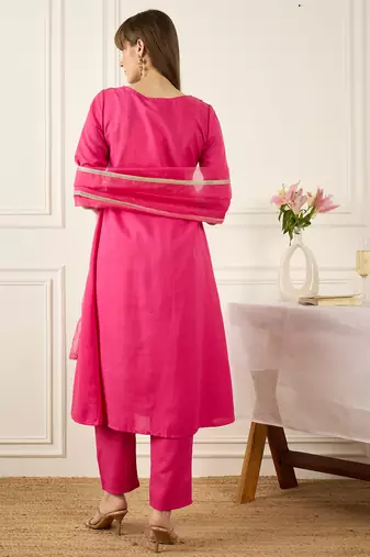 Pink self design a-line kurta trouserswith dupatta set