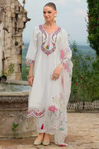 White embroidered a-line kurta trousers with dupatta set