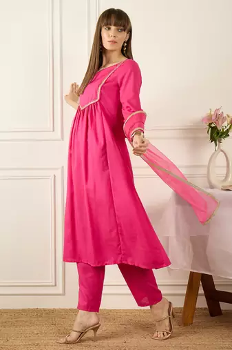 Pink self design a-line kurta trouserswith dupatta set