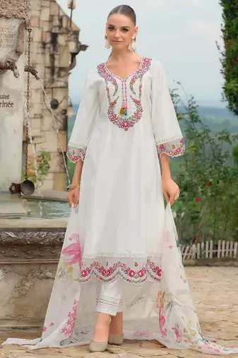 White embroidered a-line kurta trousers with dupatta set