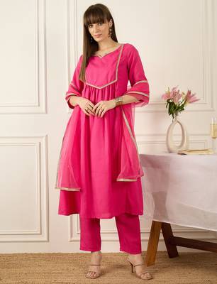 Pink self design a-line kurta trouserswith dupatta set 4