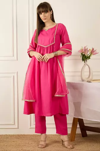 Pink self design a-line kurta trouserswith dupatta set