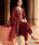 Maroon embroidered straight kurta trousers with dupatta set