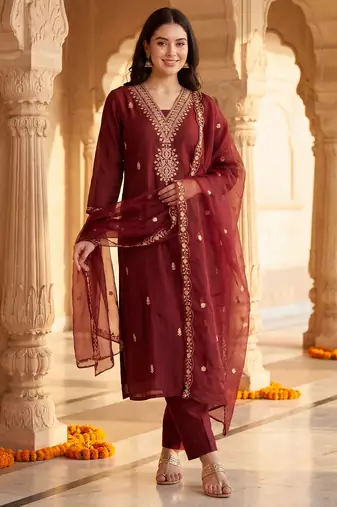 Maroon embroidered straight kurta trousers with dupatta set