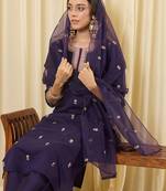 Purple embroidered straight kurta trousers with dupatta set