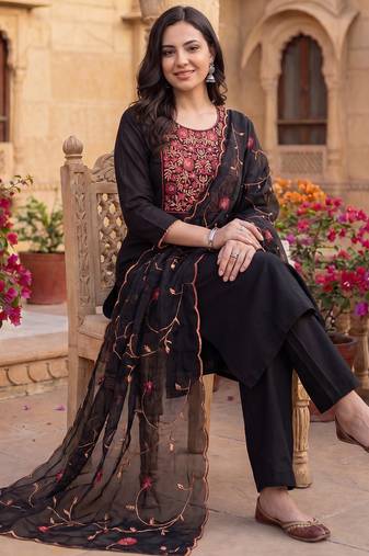 Black embroidered straight kurta trousers with dupatta set