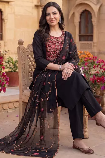 Black embroidered straight kurta trousers with dupatta set