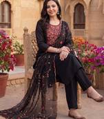 Black embroidered straight kurta trousers with dupatta set
