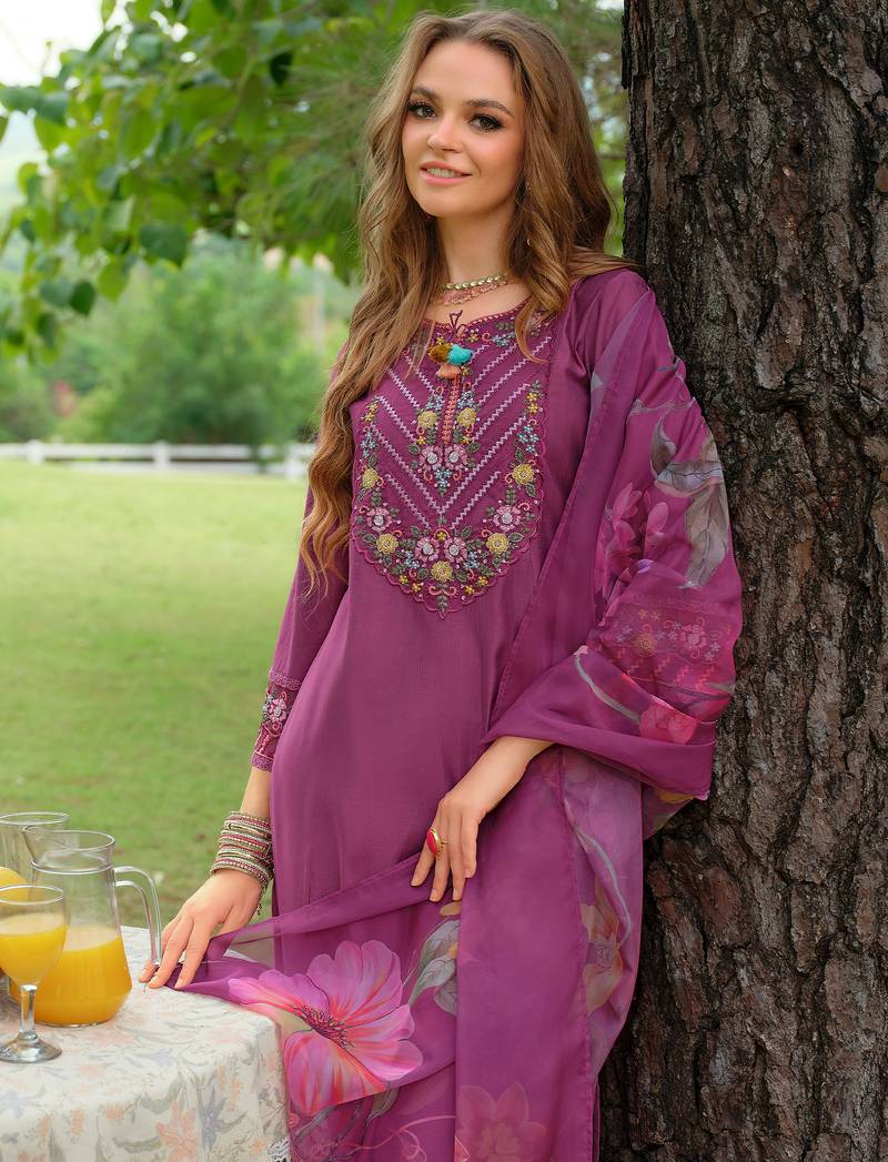 Purple embroidered a-line kurta trousers with dupatta set