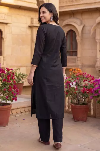 Black embroidered straight kurta trousers with dupatta set