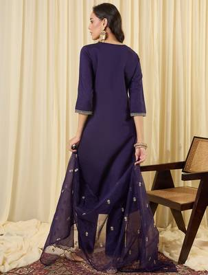 Purple embroidered straight kurta trousers with dupatta set 2