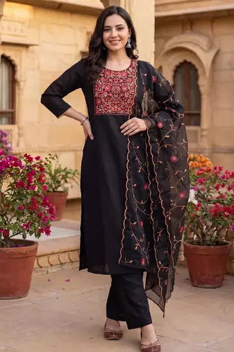 Black embroidered straight kurta trousers with dupatta set