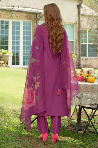 Purple embroidered a-line kurta trousers with dupatta set