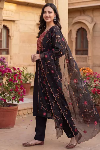Black embroidered straight kurta trousers with dupatta set