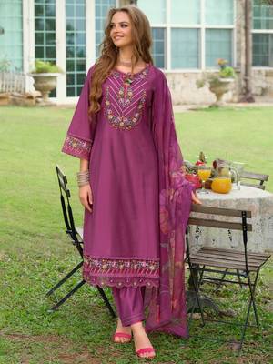 Purple embroidered a-line kurta trousers with dupatta set 3