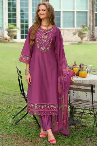Purple embroidered a-line kurta trousers with dupatta set