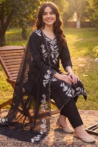 Black embroidered straight kurta trousers with dupatta set