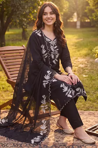 Black embroidered straight kurta trousers with dupatta set