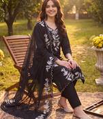 Black embroidered straight kurta trousers with dupatta set