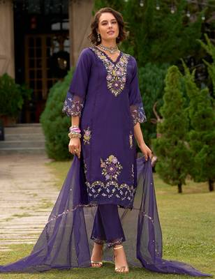 Purple embroidered straight kurta trousers with dupatta set 3