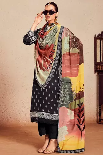 Black printed straight kurta trousers with dupatta set
