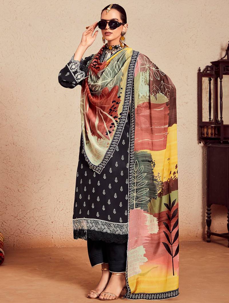 Black printed straight kurta trousers with dupatta set