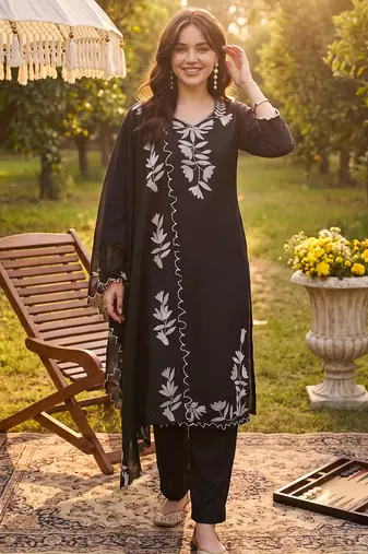 Black embroidered straight kurta trousers with dupatta set