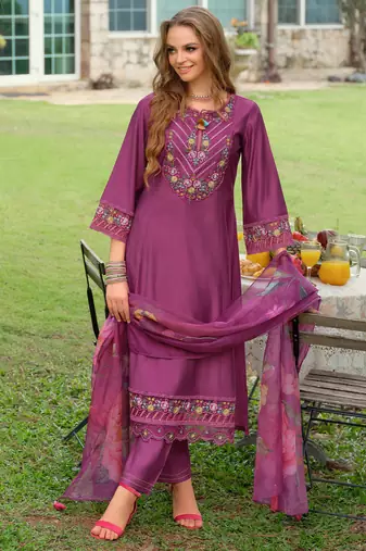 Purple embroidered a-line kurta trousers with dupatta set