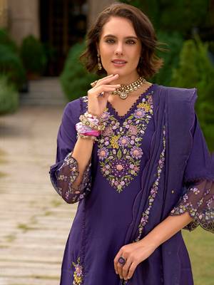 Purple embroidered straight kurta trousers with dupatta set 4