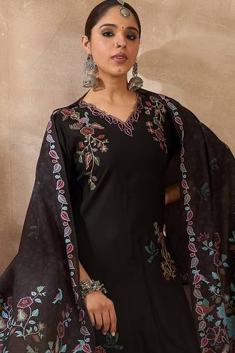 Black solid straight kurta trousers with dupatta set