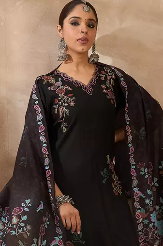 Black solid straight kurta trousers with dupatta set