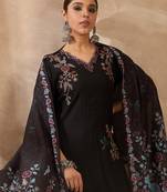 Black solid straight kurta trousers with dupatta set