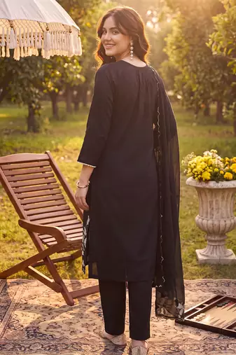 Black embroidered straight kurta trousers with dupatta set