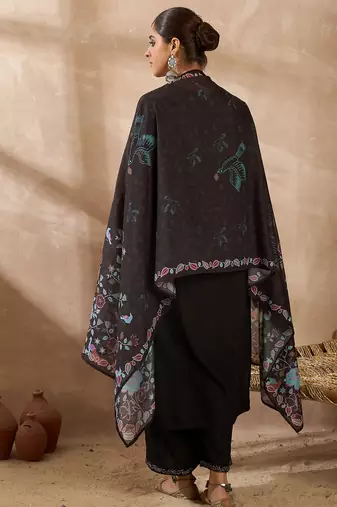 Black solid straight kurta trousers with dupatta set