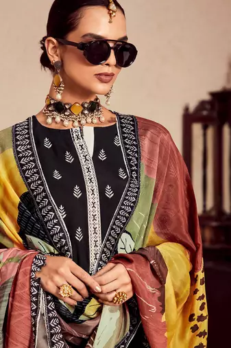 Black printed straight kurta trousers with dupatta set