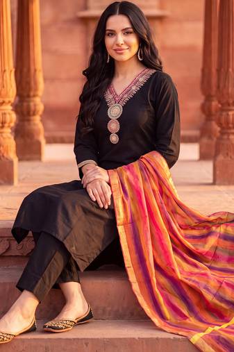 Black embroidered straight kurta trousers with dupatta set
