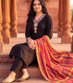 Black embroidered straight kurta trousers with dupatta set